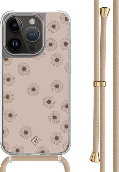 Casimoda® hoesje met beige koord - Geschikt voor iPhone 14 Pro - Cute Flowers - Afneembaar koord - TPU/polycarbonaat - Zwart