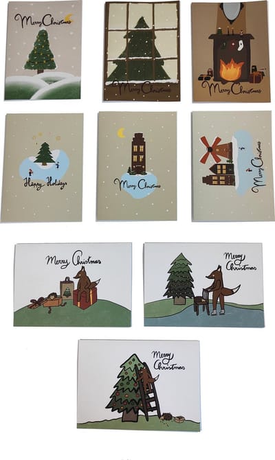 18x Handgemaakte kerstkaarten set met Enveloppen (C6 formaat) - Kaartenset - Thema: Kerstsfeer, Vos en de Egel, Kerstdorp- tekst “Merry Christmas , Happy Holidays” - Blanco Binnenkant - Kerstkaart - Handgemaakte Luxe Kerstkaarten - Wenskaarten