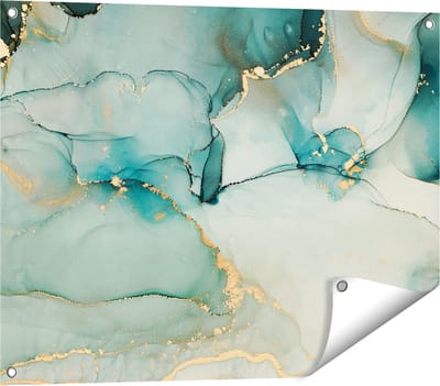 Gards Tuinposter Abstracte Kunst - Blauwe Marmer met Goud - 80x60 cm - Tuindoek - Tuindecoratie - Wanddecoratie buiten - Tuinschilderij