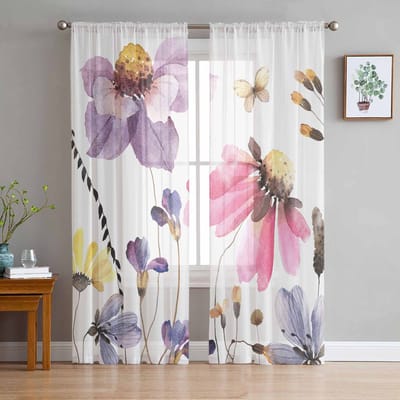 Zomerbloemen Planten Vliegende Vlinders Landelijke Pastorale Stijl Tule Raambekleding Slaapkamer Gordijnen in Woonkamer Chiffon Panelen 135W x 114H(cm) white
