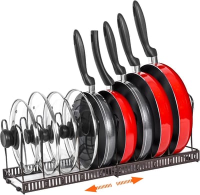 Uitbreidbare potrek organizer - Pot en Pan Organizer voor kast, pot deksel organizer houder met 10 compartimenten voor keukenkast kookgerei bakken frituren organisator rek (BRONZE, 10)