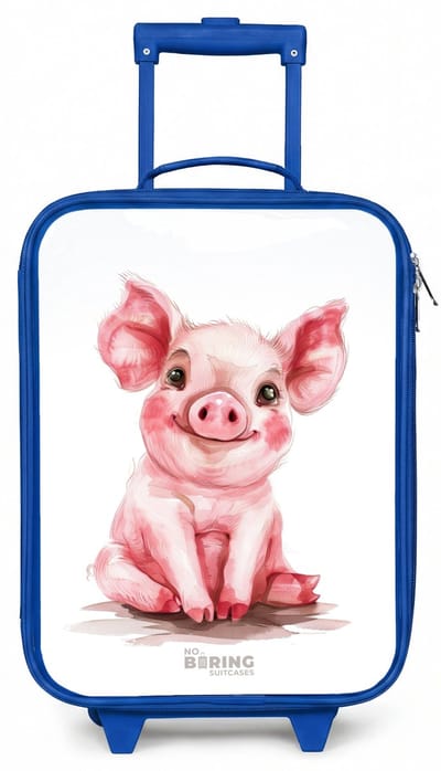 NoBoringSuitcases.com® - Kinderkoffer blauw - Kindertrolley jongen - Roze baby varken - Koffer kind lichtgewicht - Reiskoffer trolley voor kinderen - Koffertje met lichtgevende wieltjes - Rolkoffer