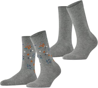 Esprit Flower Rib 2-Pack gedessineerd katoen multipack sokken dames grijs - maat 35-38
