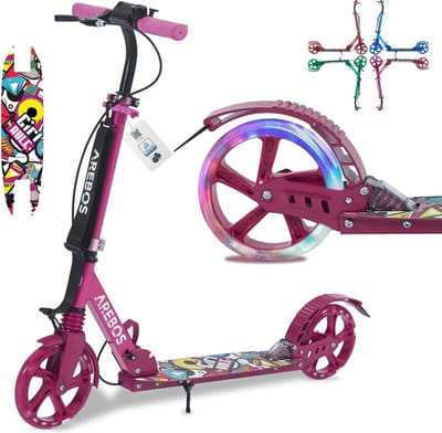 AREBOS Stepjes - Kinderstep - Voor Jongens en Meisjes vanaf 8 Jaar - tot 100kg - Lichtgevende Wielen - Fleshouder en Bel - Roze