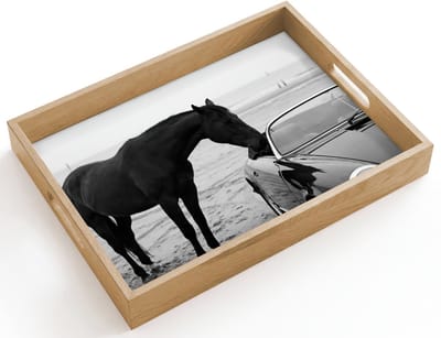 Dienblad hout 40x30 cm - Schootdienblad - Paard - Auto - Zwart - Wit - Borrelplank rechthoek - Plateau dienbladen