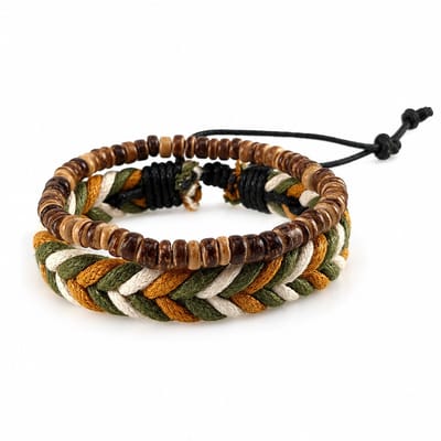 Engravia by Derya – 2-delige Unisex Armbandenset – Natuurlijke Houten Kralen & Handgevlochten Koord – Verstelbare Bohemian Ibiza Stijl – Casual Lifestyle Sieraad & Cadeau voor Mannen en Vrouwen