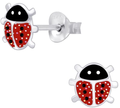 Joy|S - Zilveren lieveheersbeestje oorbellen - glitter rood - 7 x 6 mm