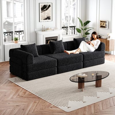 DESMIU Slaapbank 274 Cm - 3-Zits Omvormbaar Tot Bed Met Opbergruimte In Armleuning - Voor Woonkamer En Logeerkamer - Chenille Zwart
