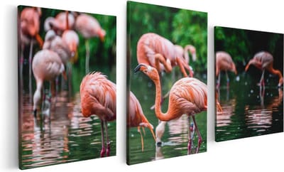 Artaza Canvas Schilderij Drieluik Kudde Flamingo's in de Jungle in het Water - 120x60 - Foto Op Canvas - Canvas Print