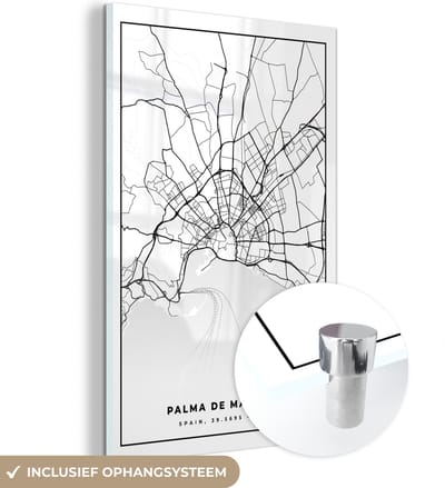 MuchoWow® Glasschilderij 120x180 cm - Schilderij acrylglas - Mallorca - Stadskaart - Kaart - Zwart Wit - Plattegrond - Foto op glas - Schilderijen