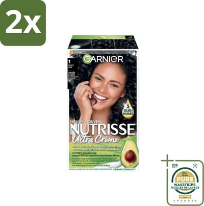 Garnier - Nutrisse Ultra Crème 1 - Haarkleuring - Zwart - Intens Voedend - Permanente Kleur - Voordeelverpakking - 2 stuks - Grijsdekking - Voedende haarkleur