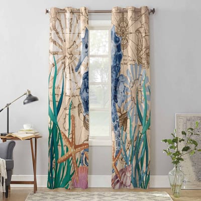 Zeepaardje Zeewier Zeester Schelp Retro Raambekleding voor Woonkamer Slaapkamer Gordijn Moderne Keuken Rolgordijnen Gordijnen 135W x 60H(cm) x1