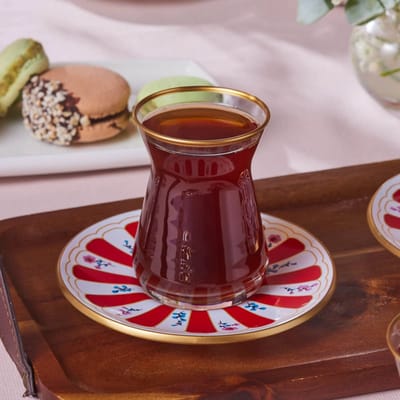 Karaca Bursa - Theeglazen met Onderzetters - 12-delig - Rood/Wit