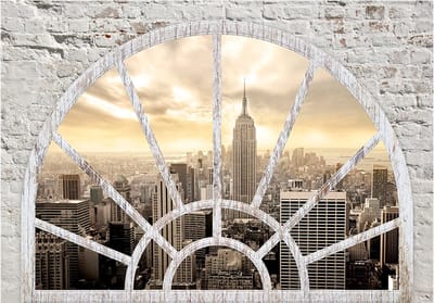 Fotobehangkoning - Behang - Vliesbehang - Fotobehang New York door het Raam - NY - City in the morning - 200 x 140 cm