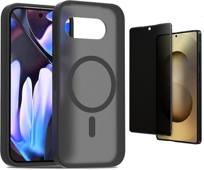 Casemania Hoesje en Privé Glas Geschikt voor Google Pixel 10a - Zwart - Matte Armor Back Cover - Geschikt voor MagSafe + 1x Privé Screenprotector