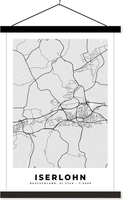 Posterhanger incl. Poster 40x60 cm - Schoolplaat - Plattegrond - Duitsland - Iserlohn - Kaart - Stadskaart - Textielposter - Zwarte latten - Stadskaart