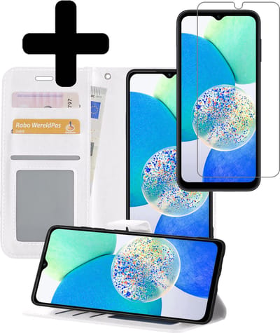 Hoesje - Met Screenprotector - Geschikt voor Samsung Galaxy A14 - Luxe Pasjeshouder - Bookcase Portemonee - Flip Case - Kunstleer Book Case - Flipcase - Book Cover - Walletcase - Portemonneehoes - Telefoonhoesjes - Wit