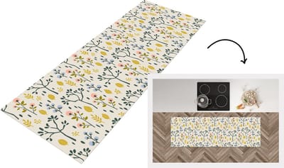 Keukenloper - Loper keuken - Flora - Patroon - Geel - Roze - 150x50 cm - Keukenloper vinyl