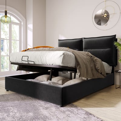 DESMIU Gestoffeerd Bed 140x200cm – Verstelbaar Hoofdbord met Hydraulische Opbergruimte – Modern Bedframe Voor Slaapkamer – Fluweel – Zwart – Met Matras