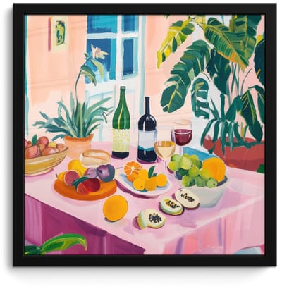 Poster in lijst - Fotolijst 40x40 cm - Posters - Tafel - Wijn - Fruit - Posterlijst zwart - Decoratie - Wanddecoratie woonkamer - Muurdecoratie slaapkamer
