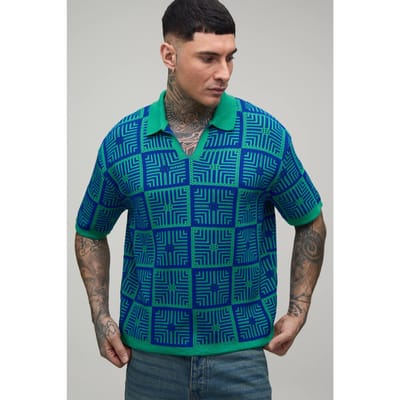 Tall Oversized Boxy Crochet Tapestry Knitted Polo T-Shirt | Green | Size Small