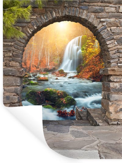 Muurstickers - Sticker Folie - Doorkijk - Waterval - Herfst - Landschap - 30x40 cm - Plakfolie - Muurstickers Kinderkamer - Zelfklevend Behang - Zelfklevend behangpapier - Stickerfolie