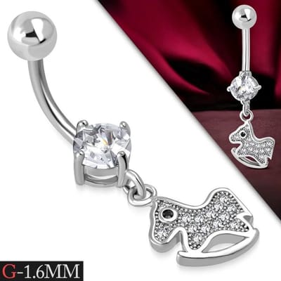 Aramat Jewels | Navelpiercings | Zilverkleurige Navelpiercing met Paard Hanger met Zirkonia | | | |10mm | Staal | Volwassenen | Verkleurd niet