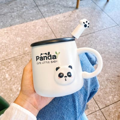Hoge waarde Panda Mok met Deksel Lepel Koppels Keramische Beker Kinderen Huis Drinkwaterbeker Kantoor Koffiemok 301-400ml white