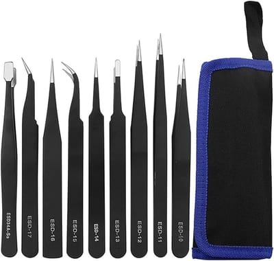 9-delig precisie pincet set, antistatisch, roestvrij staal, elektronica, sieraden en laboratorium
