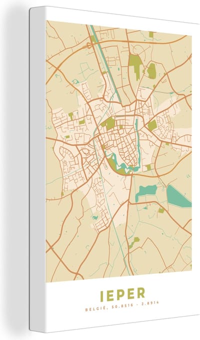 Canvas Schilderij Stadskaart - Ieper - Kaart - Vintage - Plattegrond - 20x30 cm - Wanddecoratie