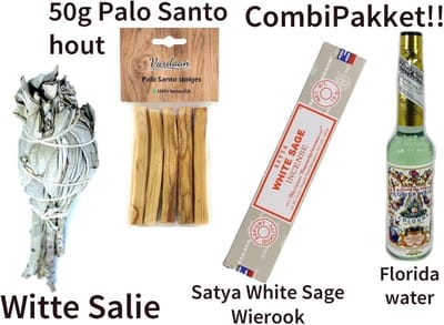Combinatiepakket - Spiritueel & Ontspanning - 1 stuk Florida Water - 221 ml - 1 stuk Palo Santo Heilige Houtjes - 50 gram - 1 stuk Satya Witte Salie Wierook Stokjes - 15 gram - 1 stuk Witte Salie Smudge Fakkel