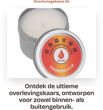 Dailygoods- Overlevingskaars 24 Uur Brandduur - Waterdichte Kaars - Rookloze Kaarsen - Noodkaarsen voor Buiten - Kamperen/Wandelen - Veiligheidswaarschuwing - Survivalkaars