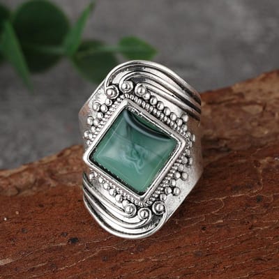 Vintage Damesring Boheemse Overdreven Ring Ingelegd Vierkante Groene Steen Antieke Kleur Gravering Klassieke Dames Sieraden 10 gray