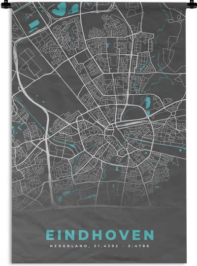 Wandkleed - Wanddoek - Stadskaart - Eindhoven - Grijs - Blauw - 90x135 cm - Wandtapijt - Plattegrond