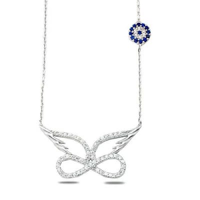 925 Sterling Zilveren Dames Ketting – Nazar Oog, Engelenvleugel & Oneindigheid – Betekenisvol Cadeau