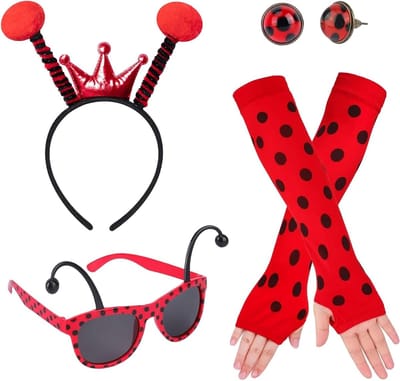 Vrouwelijk Lieveheersbeestje Kostuum met Haarband, Bril, Vingerloze Handschoenen en Feestaccessoires voor Cosplay en Carnaval