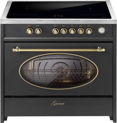 GURARI Fornuis met inductiekookplaat 90 cm E 913 RU BL Retro vrijstaande inductiekookplaat in zwart | Vrijstaande fornuis met 5 inductiezones (2 Flex Zone) alle met booster