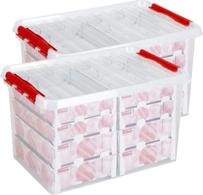 Opbergbox - 2x - voor 116 kerstballen - 62 liter - rood deksel - kerstversiering opruimen - opbergen