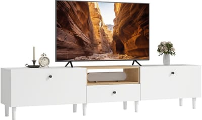 Homcom TV Stand-Spaanplaat-200L x 35B x 45H cm-Wit+Natuurhout