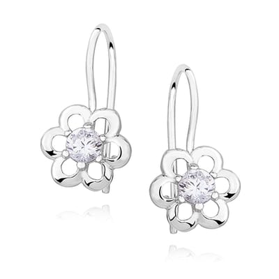 Joy|S - Zilveren bloem oorbellen -  kidney oorhangers - zirkonia - gehodineerd