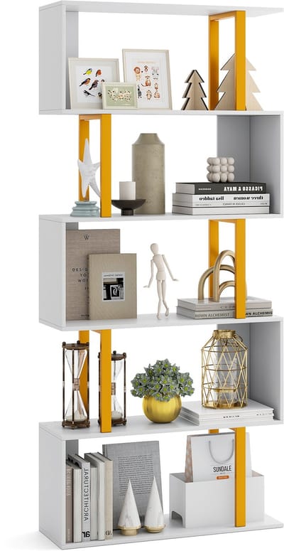 COSTWAY Boekenkast, wit, staand rek met 5 niveaus, S-vormig, vrijstaand, opbergkast, ruimteverdeler voor woonkamer, werkkamer, kantoor, 70 x 24 x 157 cm, 120 kg belastbaar