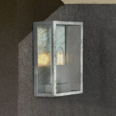 Searchlight Box II buitenwandlamp, zilverkleurig, glas, E27, IP44