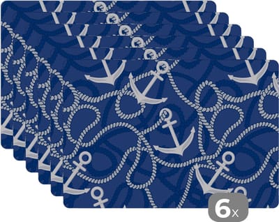 Placemat - Placemats kunststof - Patronen - Anker - Touw - 45x30 cm - 6 stuks - Hittebestendig - Anti-Slip - Onderlegger - Afneembaar