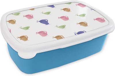 Broodtrommel Blauw - Lunchbox - Brooddoos - Patronen - Thee - Theekop - 18x12x6 cm - Kinderen - Jongen