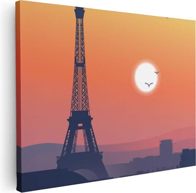 Artaza Canvas Schilderij Eiffeltoren - 80x60 cm - Wanddecoratie Parijs - Muurdecoratie Zonsondergang - Schilderijen Op Canvas Skyline