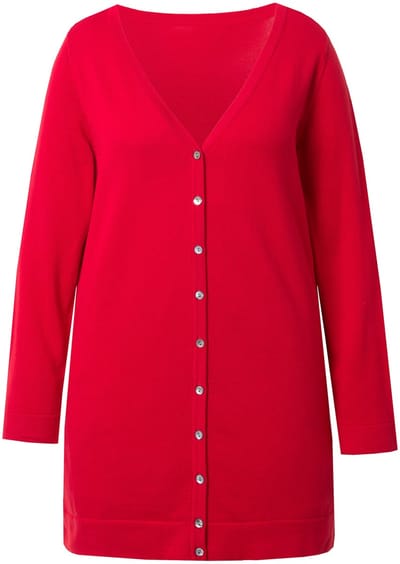 Ulla Popken - Dames - Lang vest V-hals lange mouw Pima Cotton - Salsa - Maat 46+