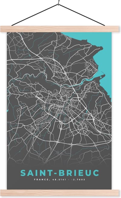 Posterhanger incl. Poster 40x60 cm - Schoolplaat - Saint-Brieuc - Stadskaart - Plattegrond - Kaart - Frankrijk - Textielposter - Blanke latten - Stadskaart
