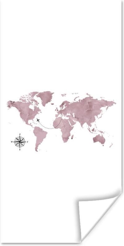 Poster 60x120 cm - Wereldkaart - Roze - Vliegtuig - Posters - Kamer decoratie - Wanddecoratie woonkamer - Muurdecoratie slaapkamer