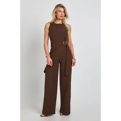 boohoo Dames Jumpsuit Met Wikkelceintuur Gouden Details En Wijde Pijpen | Espresso | Maat: 36