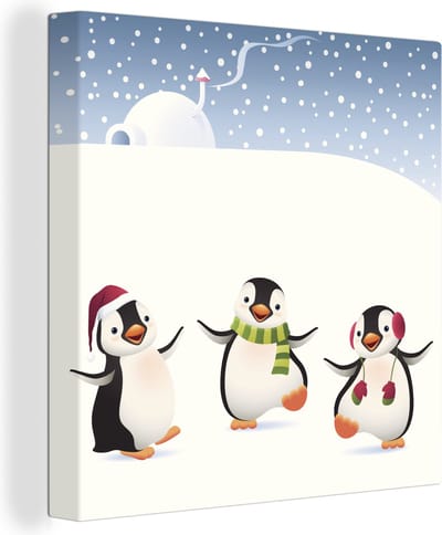 Canvas Schilderij Een illustratie van drie pinguïns in de sneeuw - 50x50 cm - Wanddecoratie